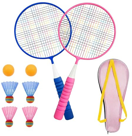Federball Set Kinder, Badminton Set Kinder, Badminton Schläger Kinder, Kinder Tennisschläger Set mit Tasche, 2 Schläger, 4 Federbälle 2 Bälle, Federball Kinder Outdoor Indoor ab 3 Jahren (Blau Pink)
