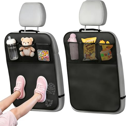 Autositz Schutz Rückseite Kinder, 2 Stück Rückenlehnenschutz Auto mit 3 Taschen, 210D Oxford-Stoff, Wasserfest, Leicht zu Reinigen, Autoorganisator Rücksitz Kinder für PKWs, SUVs, Geländewagen