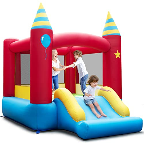 COSTWAY Hüpfburg, Hüpfschloss für Kinder, Indoor-Outdoor-Spielburg mit Rutsche, Tragetasche und Reparaturset, 260 x 190 x 205 cm