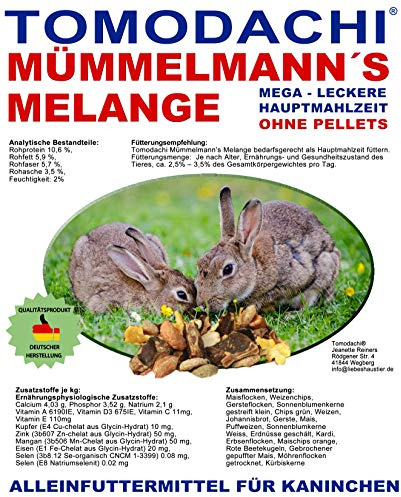 Tomodachi Kaninchenfutter ohne Pellets Müsli für Hasen viel Gemüse Möhrenflocken Erbsenflocken Nüsse Getreide Kräuter Alleinfutter Kaninchen 10kg