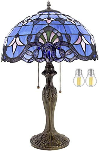 WERFACTORY Tiffany Lamp Blue Purple Stained Glass Baroque Table Lamp Lavender Style Bedside Desk Light Metal Base 16X16X24 Inches Decor Bedroom Living Room Home Office S003C Series (24 Inch)
