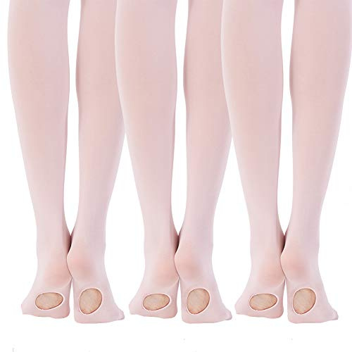 MANZI 3 Pairs Women's Girl's Dance Tights Convertible Transition Ballet Tights 40D Pink M(7-10y)
