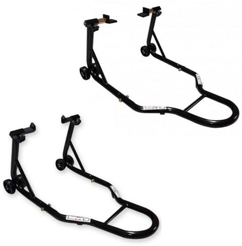 CRUIZER Cavalletto Moto Anteriore con Attacchi a Coni + Cavalletto Posteriore a Piastre Regolabili con Ruote Sottostanti Barre Rinforzi Laterali Carico Massimo 600 kg