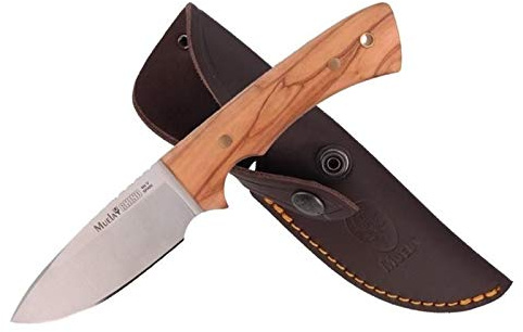 Muela Cuchillo Rhino RHINO-9.OL hoja de acero ACX-380 de 9 cm y empuñadura de olivo para Caza, Pesca, Supervivencia y Bushcraft Realizado en Ciudad Real + Portabotellas de regalo