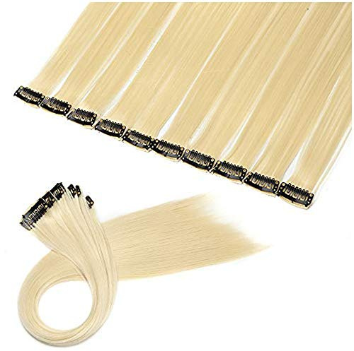 20(50cm) SEGO Extensiones de Cabello Clip Colores 10PCS Mechas Postizas para Niñas Muñecas [Blanqueador Rubio] Pelo Sintético Se Ve Natural Accesorios Lisos(80g)