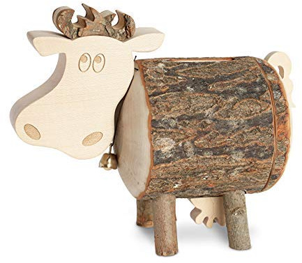 Salvadanaio a forma di mucca in legno di ramo, con corteccia, salvadanaio in legno, idea regalo creativa