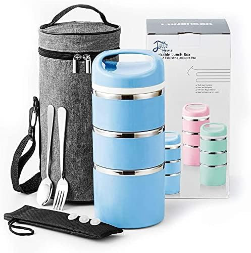 Lille Home 1380ml Contenitore per Pranzo/Snack con Scomparto Termico impilabile in Acciaio Inossidabile, Contenitore per Bento/Alimenti isolato a 3 Livelli con Borsa per il Pranzo (Blu)