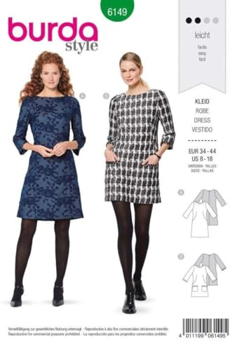 Patron Burda 6149 Robe encolure dégagée arrondie manches 3/4 - du 34 au 44