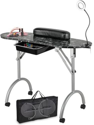 LEIBOU Professioneller Maniküretisch, 91,4 cm, zusammenklappbar, mit Lupe, USB-LED, Rollräder, Schublade, Schwamm, inklusive Tragetasche, Schwarz