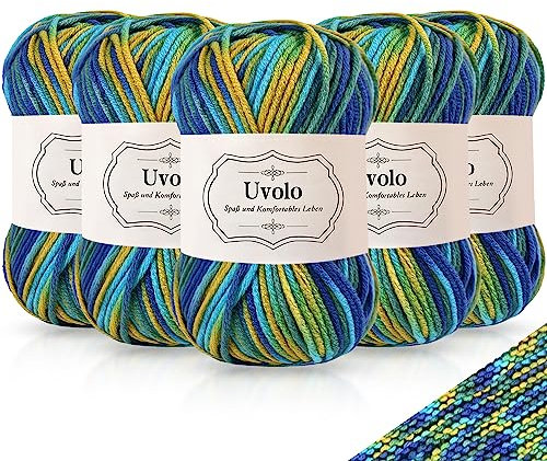Uvolo Handstrickgarn Farbverlauf 250g(5x50g), Häkelgarn Bunt Regenbogen, Acrylgarn zum Stricken, Baumwolle, Mehrfarbiges Garn zum Stricken Häkeln und Bastel-17 Blau Gelb