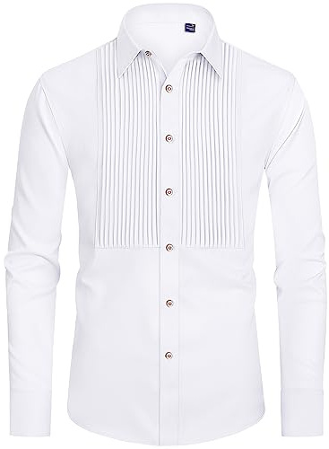 J.Ver Camisa de Esmoquin para Hombre, Camisa de Vestir Formal Plisada de Manga Larga con Botones para Fiesta de graduación, Boda, Blanco, Large