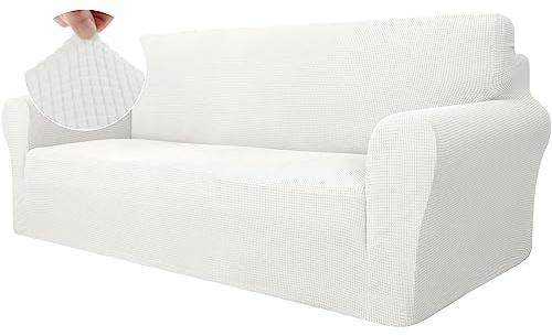 Ystyle Stretch Sofa Überzug 3 Sitzer, Weiß | Elastisch Sofabezug mit Armlehnen, Jacquard Couch Überzug Rutschfest, Waschbar Sofa Cover Protector für Hunde Haustiere