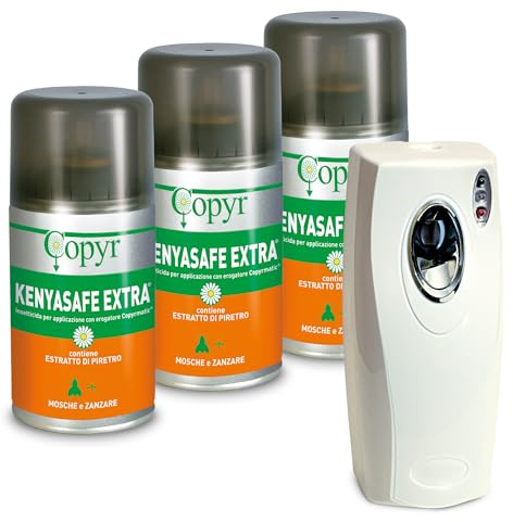 Copyr Kenyasafe Extra e Copyrmatic Evolution Night & Day - Insetticida Antizanzare, Mosche e Insetti Volanti, 3 Bombole 250ml + Erogatore Automatico, Piretro Insetticida Biologico e Repellente Zanzare