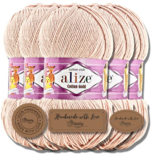 Hobby YARN 3x Etikettenlabel mit Alize Cotton Gold Wolle Premium 5x100g als Set, Yarn, Garn, Sommerwolle, Baumwolle, Strickgarn, Einfarbig, Baby, Kleidung, Schals (Rose Water - 401)