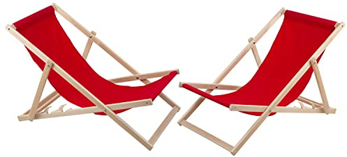 WOODOK Set di sedie a sdraio a 2 posti in legno di faggio sedia da spiaggia giardino, balcone e terrazza pieghevole fino a 120 kg (Red)