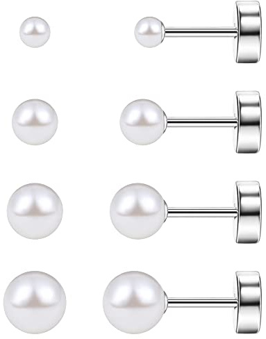 MJust Titanörhängen för kvinnor G23 titan 2-8 mm sammansatt pärlörhängen för känsliga öron allergivänliga 20 g tupplur ren titan vit/rosa/ljuslila pärla platt baksida stiftörhängen, Titan, falsk pärla