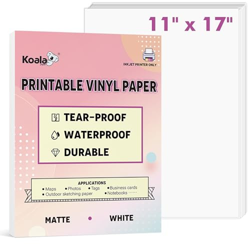 KOALA PAPER Bedruckbares wasserfestes Papier für Tintenstrahldrucker, 27,9 x 43,2 cm, 30 Blatt, mattweißes Vinyl-Druckerpapier, reißfest, langlebig, schnell trocknend