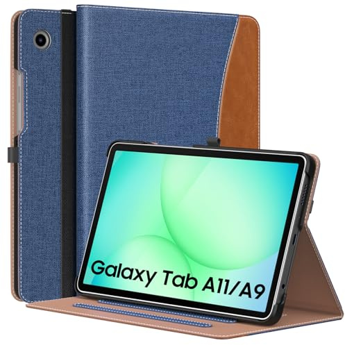MoKo Hülle für Samsung Galaxy Tab A11/A9 8.7 Zoll, Denim Blau/Braun | für Samsung Tablet Hülle (2025/2023), PU Leather, mit Handschlaufe & ein Vordertasche,automatisch Aufwachen/Schlafen