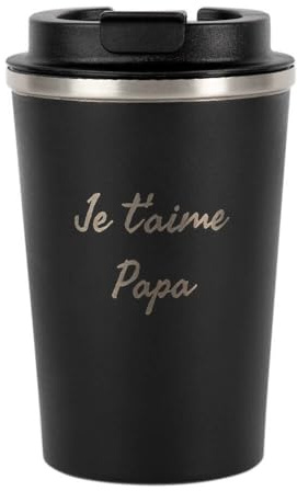 Ocadeau Mug isotherme noir personnalisé gravé – Mug double paroi 350ml avec couvercle – Gravure texte sur ce mug noir à personnaliser