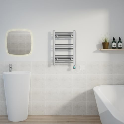 Warmehaus Prefilled Electric Towel Radiator Straight Chrome 600x400mm | Thermostatic, Timer, LCD Display, Child Lock, Dual Fuel, Mild Steel, Wall Mounted, Bathroom Ladder Towel Warmer