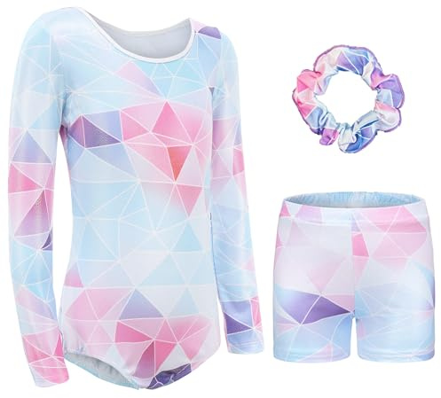 Happy Cherry Turnanzug Mädchen Langarm Kinder Gymnastikanzug mit Shorts Glänzend Gymnastik Kleidung Set Ballett Trikot Tanzkostüme 11-12 Jahre