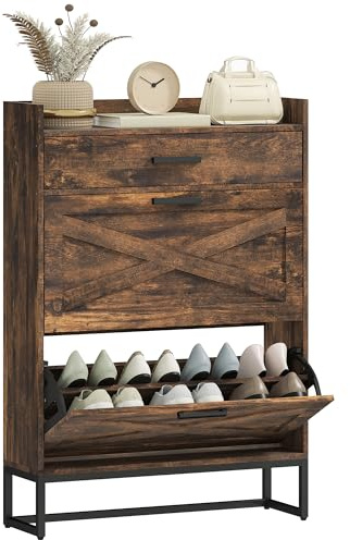 HOMCOM Narrow Shoe Storage Cabinet, 12 Pairs Farmhouse Shoe Organizer with 2 Flip Drawers, Adjustable Shelves, and Top Drawer for Entryway, Hallway, Rustic Brown