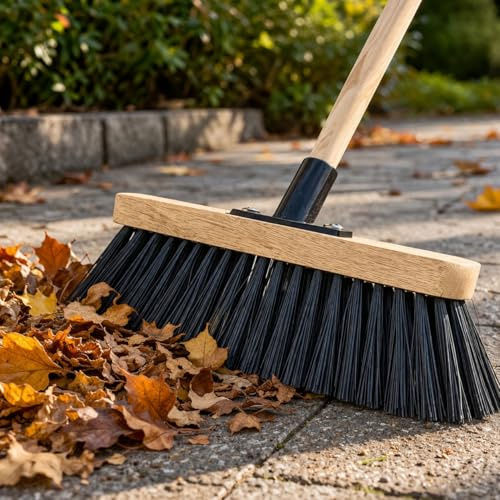 LS 12” Sweeping Brush Outdoor Broom Heavy Duty PVC Bristles Yard Brush with Wooden Handle Garden Brooms for Cleaning Patio Yards Warehouse and Garage (BLACK)