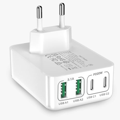 USBC Ladegerät, 40 W 4-Port Multiple PD 3.0 Flat Charger, Platzsparender Stromadapter mit Kompakte Größe, Kompatibel mit iPhone 16/15/14/13/12, Samsung S25/S24/S23/S22, Pixel, Tablets