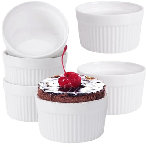MEETOZ Ramequines de porcelana blanca de 3.5 onzas, pequeños platos de soufflé para crema brulee, helado, salsa y salsas, mini cuencos de cerámica blanca para hornear, juego de 6 (blanco)