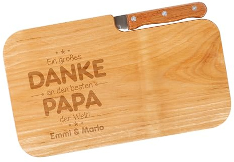 Herz & Heim® Vatertags-Geschenk Frühstücksbrettchen Set mit Messer mit Gravur (Danke Papa)