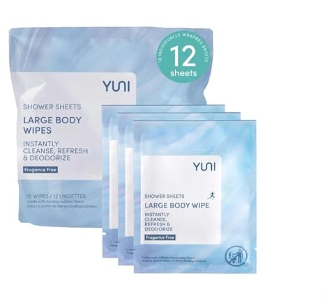 YUNI Beauty Large Body Wipes (Unscented, 12 Count) - Super Soft Showerless Cleansing and Deodorizing Individual Wipes - On-the-Go Waterless Body Cleanser for Travel