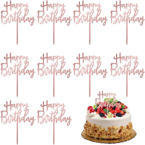 BAVALIN 10 Piezas Decoración de Tarta de Feliz Cumpleaños - Decoración para Tartas de Feliz Cumpleaños, Adorno de Cupcakes Acrílico para Decoración de Fiestas de Aniversarios de Baby Shower, Rosa