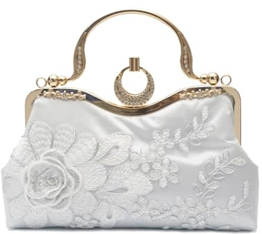 CORIOS Borsetta da Sera da Donna Clutch in Ricami Floreali Borsa Sposa Pochette Piccolo con Catena Elegante Borsa a Spalla Gorgeous Cerimonia Cocktail Ballo Festa Borsa a Tracolla Argento