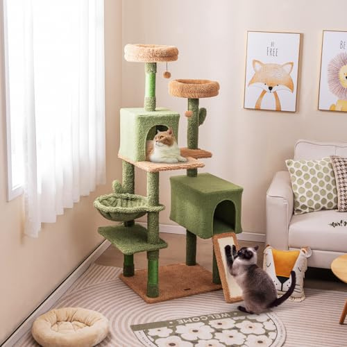 GYMAX Cactus Cat Tree, 160cm Tall Cat Tower with Sisal Scratching Posts, 2 Perches, 2 Cat Condos, Hammock, 2 Balls, Ramp, Washable Cushions, Green Cute Cat Tree Tower for Indoor Cats | with 2 Perches, 2 Cat Condos, Hammock, 2 Balls, Ramp, Washable Cushions, Green Cute Cat Tree Tower for Indoor Cats