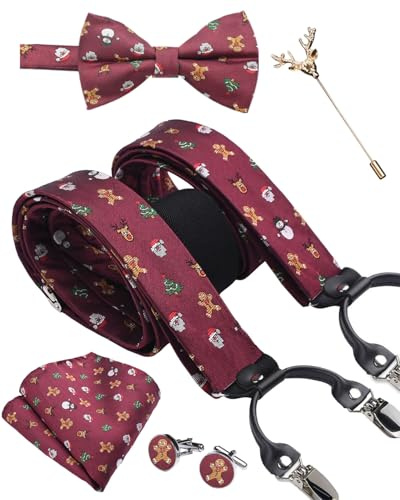 SzonMcnl Bretelle da uomo con papillon, set di bretelle a forma di Y con 6 clip extra resistenti, regalo di Natale e fazzoletto da taschino, omino di pan di zenzero 2, Stand