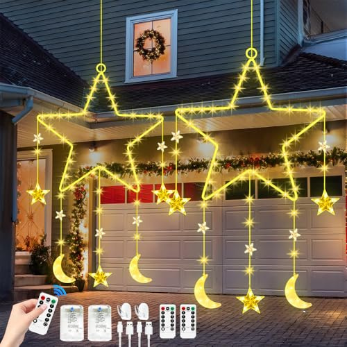 Weihnachtsbeleuchtung Sterne Fenster, 2 Stück LED Beleuchtung, Stern Deko mit 8 Blinkenden Modi & Fernbedienung, Batterie & USB Betriebene