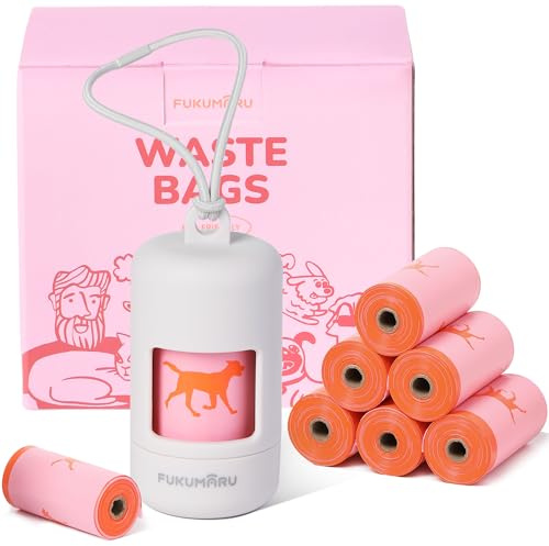 FUKUMARU Bolsas para Excrementos de Perro, 120 Unidades con Dispensador de Bolsas para Excrementos, con Fragancia a Rosa, Fáciles de Arrancar, Diseño Rosa para Perros, Dispensador blanco