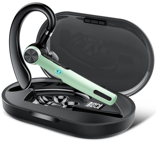 Manos Libres Auricular Bluetooth V5.3 con ENC Micrófono, 60H Hablar Pinganillo Bluetooth Movil, 2025 Auricular Inalámbrico Bluetooth con Ganchos para Negocios/Oficina, Carcasa de Carga LED, Verde