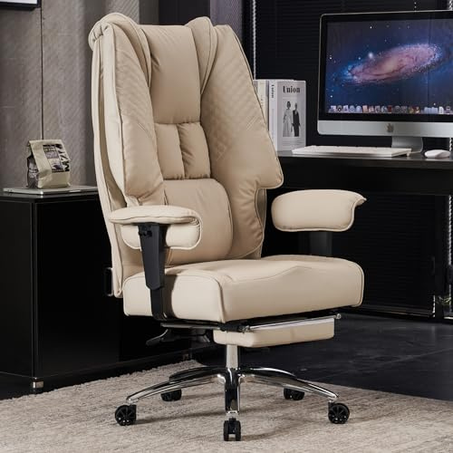 EXCEBET Heavy Duty Office Chair 180kg - Big & Tall Ergonomic Executive Desk Chair with 14cm Pocket Spring Seat (Sofa Comfort), High Back PU Leather Computer Chair with Lumbar Support (Beige)