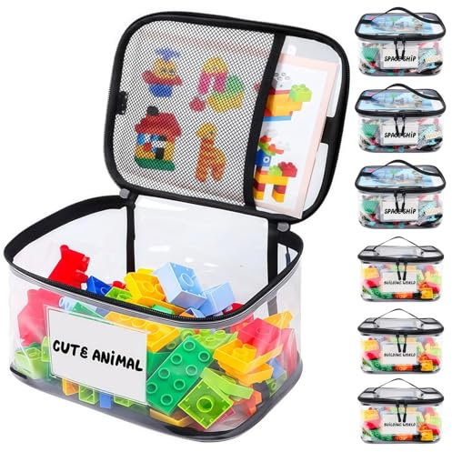 Wonninek 6Pcs Toy Storage Bags with Zipper, PVC Toy Organiser Bags with Handle, Clear Waterproof Storage Bags for Building Blocks, Puzzles, Clay, Small Models, Board Games, Books