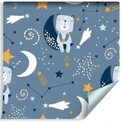 Kindertapete in Bär und Sterne, Design Kosmos, Blau, Selbstklebend