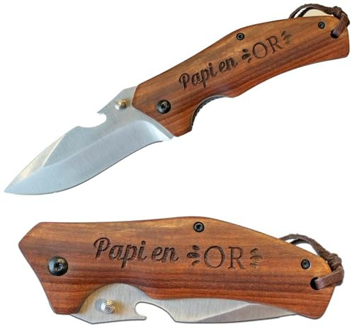 Ernestine - Couteau personnalisé Papi - cadeau papi - idée fête des grands-pères - outil nature en bois - papy papa - couteau de pêche - manche gravure laser - lame acier inoxydable - camping