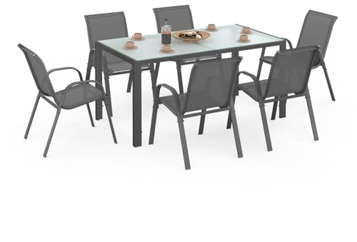 IDMarket – Salón de jardín Madrid Mesa 150 cm y 6 sillas apilables Gris Antracita Bandeja Clara