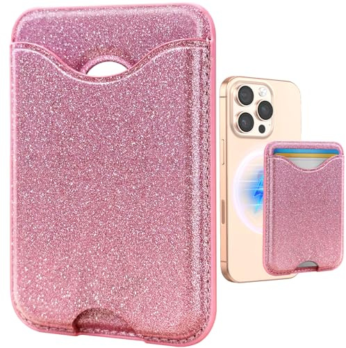 Shorogyt Compatible with Magsafe Wallet Magnetic Card Holder - Glitter Pk Phone Wallets for Women Teen Girls Fashion for iPhone 16/15/14/13/12 Series Slim for Apple Mag RFID Magnet, Fit 3 Cards