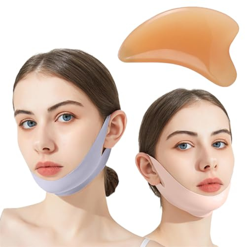 KUMSODE 2 PCS Réutilisable Masque En Forme De V et 1 Masseur Facial,Double Menton Masques Faciaux En V Pour Les Femmes,adaptée à un usage quotidien