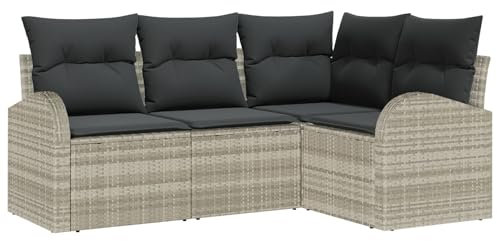 vidaXL Garten-Sofaset 4 Teile mit Kissen – modular, hellgrau und schwarz, aus Poly-Rattan. Gemütliche Möbel für Terrasse und Balkon. Stylische Lounge, Moderne Couch.