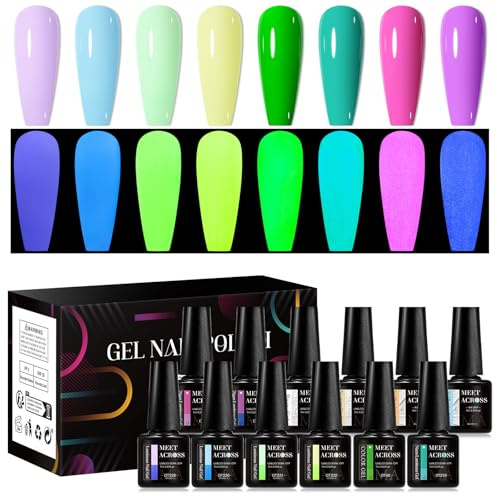 MEET ACROSS Pack of 12 UV Nail Polish Neon UV Gel Nail Polish Glow in the Dark Shellac 8 Colours Neon Pink Green Purple Yellow Blue Gel Polish Glow in the Dark Nail Gel Nail Salon Set
