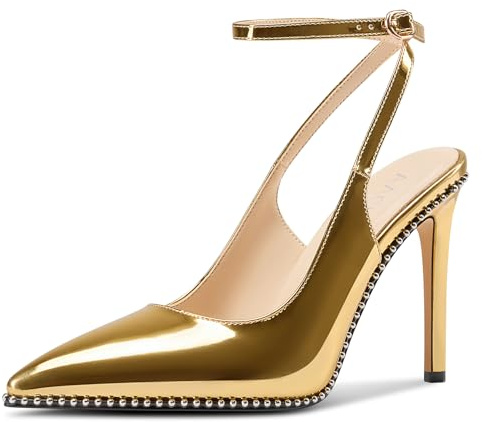 Aachcol Escarpins en cuir verni avec sangle de cheville et bout pointu pour femme, bride arrière, talons hauts pour mariage, bal de fin d'année, chaussures habillées en cuir verni 10 cm