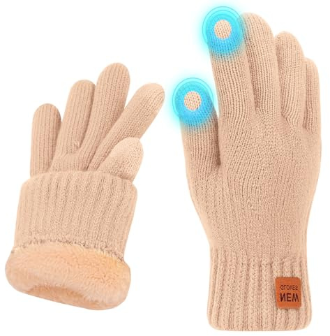Risipu Winter Gloves for Women Men Ladies Thermal Touch Screen Gloves with Fleece Lining Soft Warm Knit Glove for Running Ski (Beige)