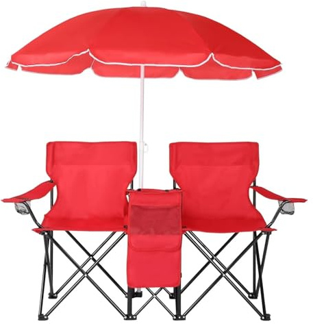Folding Double Camping Chair Umbrella Beverage Holder Carrying Bag Cooler Fold Up Table,Large Bearing(Red)